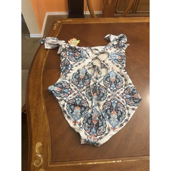 New Becca Floral One Piece Swimsuit Womens 2X Off Shoulder Ruffle Blue White - Image 5