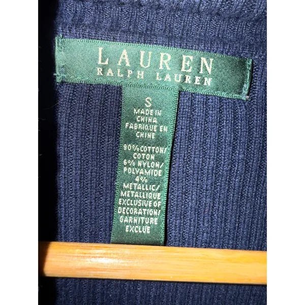 RALPH‎ LAUREN Navy Blue Gold Metallic Stripe Cotton Blend Logo Ribbed Sweater S - Image 4