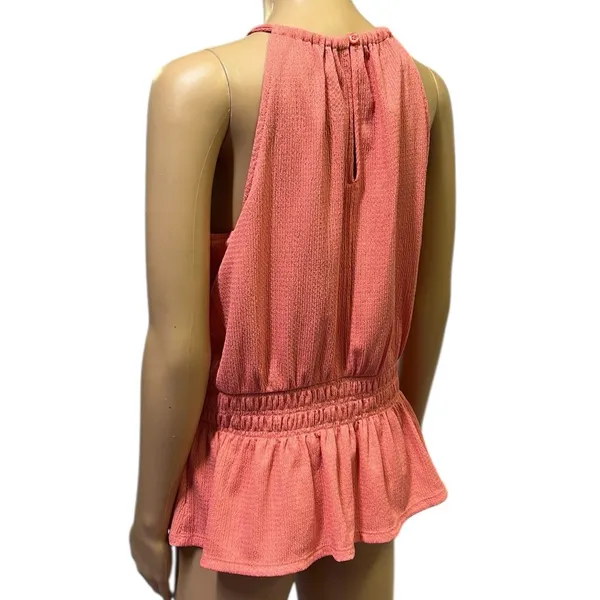 Nine West Peach Sleeveless Halter Keyhole Back Peplum Smocked Tank Top Blouse M - Image 5