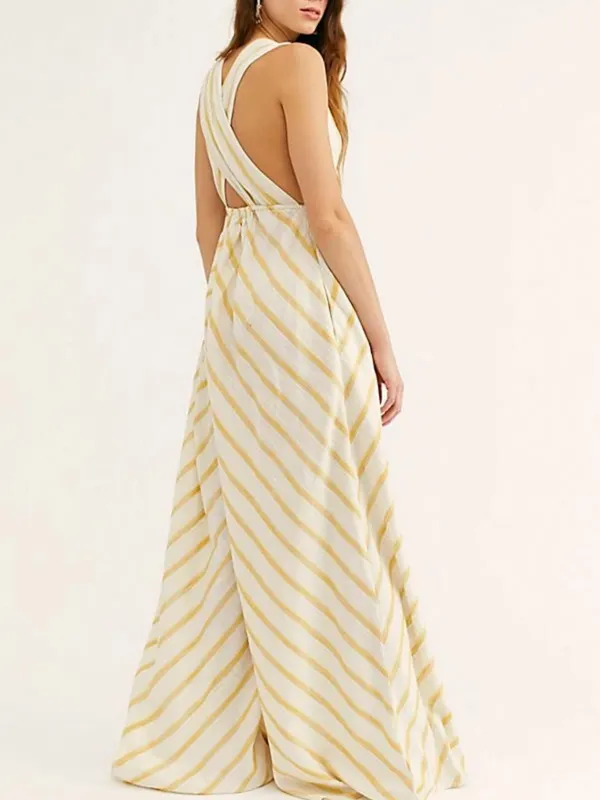 Free People Veronica Wide Leg Jumpsuit Women Yellow Striped Boho Size 8 - Image 2