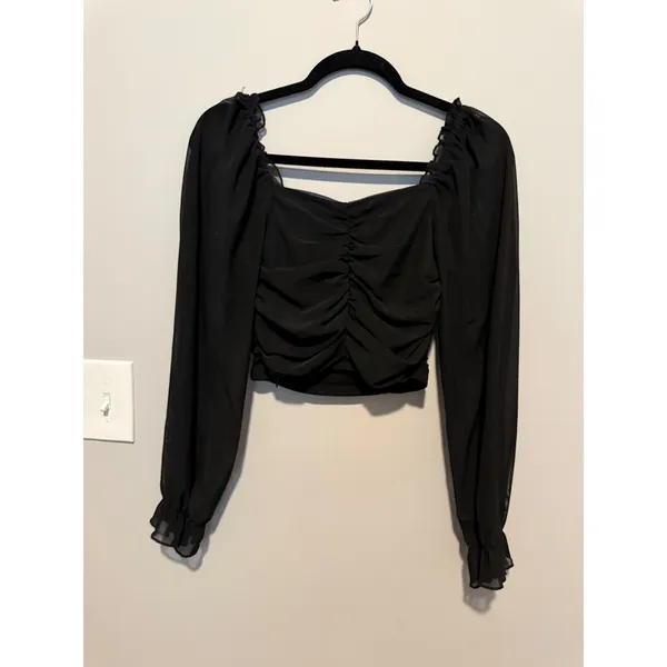 Forever 21 Black Mesh Ruched Long Sleeve Crop Top Blouse Square Neck Large - Image 3