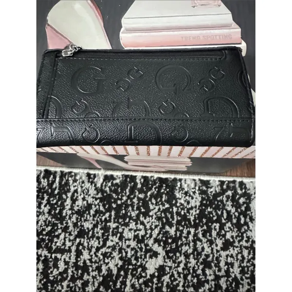 GUESS Black Embossed Logo Foldover Wallet with Silver Lettering - Image 2