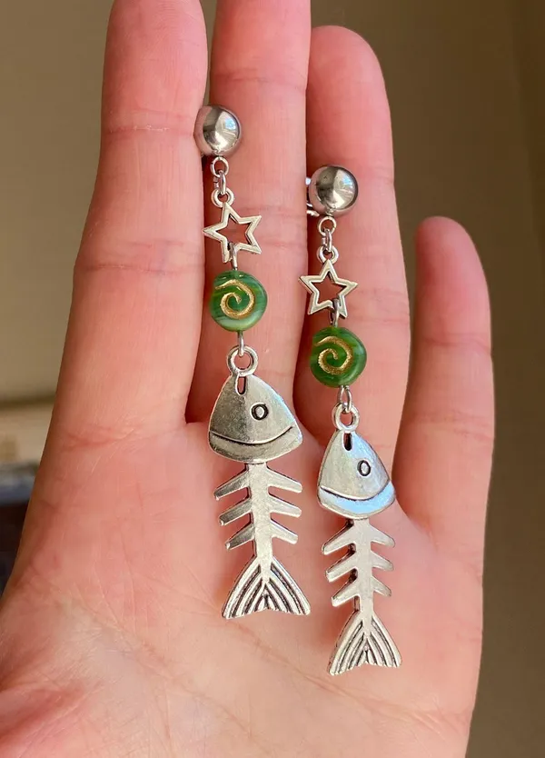fish bone boho funky unique dangle earrings🌀🐟💙 - Image 3
