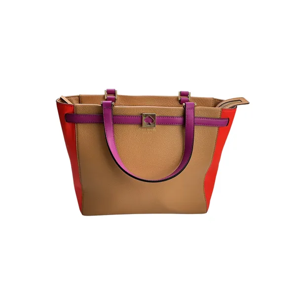 Kate Spade New York‎ Pebbled Leather Colorblock Tote Bag Tan Red Purple - Image 2