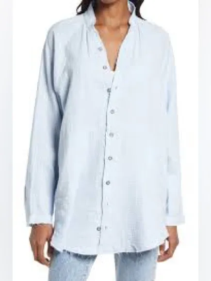 Free People Summer Daydream Button Down Womens M Light Blue Gauze Top - Image 9