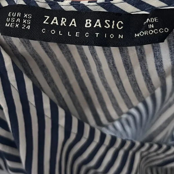 Zara Navy and White Striped Blouse Poplin Bell Sleeves Pearl Accent 3/4 Sleeves‎ - Image 7
