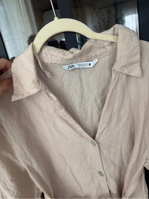 Zara ecru linen shirt dress adjustable Tie back. 3/4 long sleeve buttons collar - Image 2
