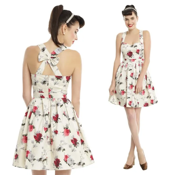 Hell Bunny Eloise‎ Mini Dress Rose Print Cream Bow Adjustable Straps Sz XS Retro - Image 2
