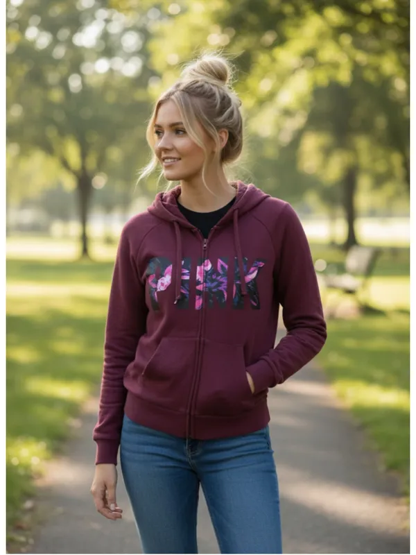 PINK Victoria's Secret Burgundy Floral Full-Zip Hoodie Women's Size M (19” PTP) - Image 5