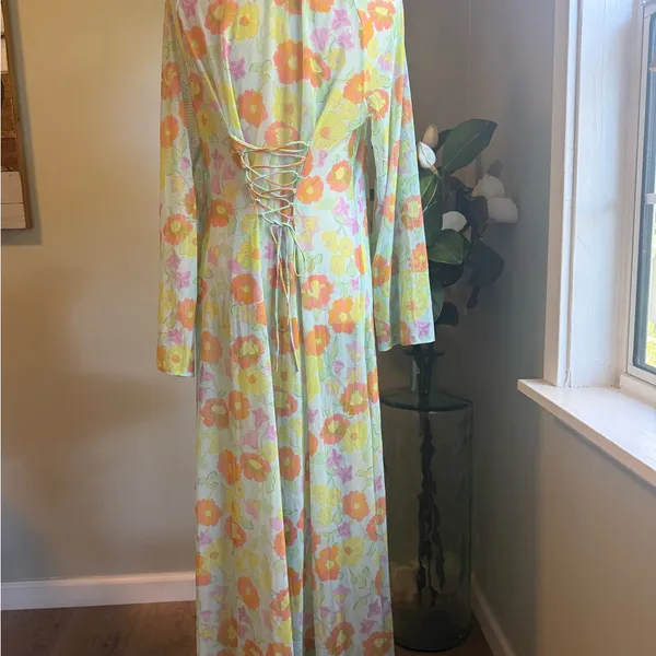 Savage X Fenty FREE SPIRIT FLORAL FULL-LENGTH‎ ROBE pink yellow small sheer NWT - Image 6