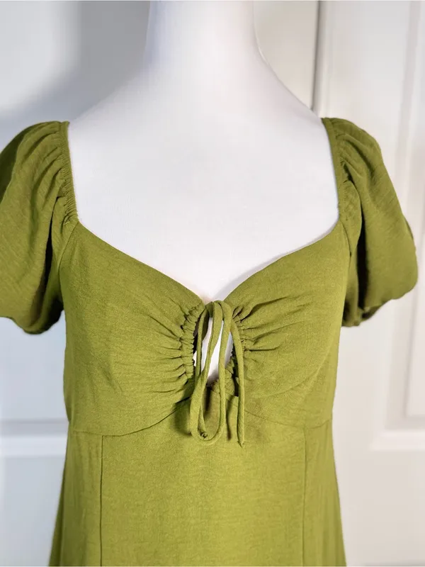 Monteau Los Angeles M Olive Green Puff Sleeve Midi Dress Cottagecore Boho Brunch - Image 3