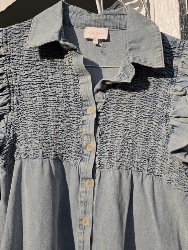 Entro Light Blue Denim Mini Dress with Puff Sleeves Medium - Image 7