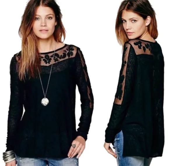 Free People Lace Inset Mesh Top Black Small - Image 2