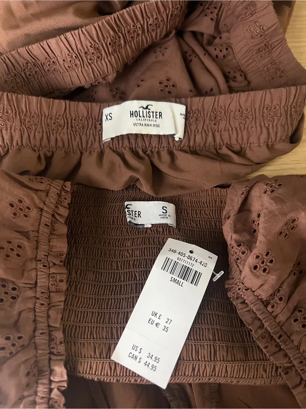 Hollister Brown Eyelet Puff Sleeve Crop Top & Ruffle Mini Skirt Set S/XS - Image 9
