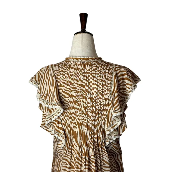 Poupette St Barth Camelia Mini Dress Women‎ Ivory Tan Zebra Ruffle V Neck Boho - Image 5