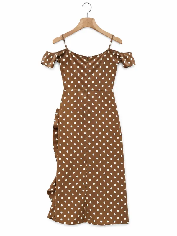 ZXQJ Brown Polka Dot Cold Shoulder Midi Wrap Dress Ruffle Pretty Woman Small S - Image 3
