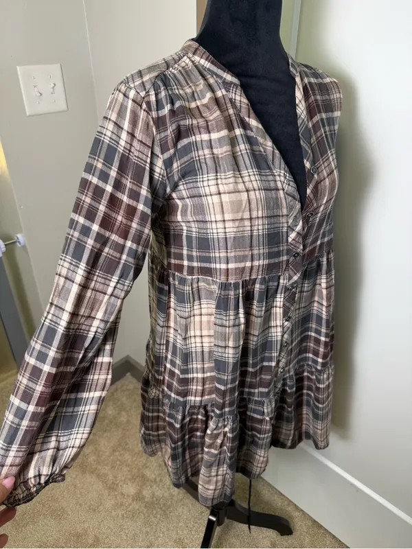 Knox Rose Babydoll Tunic Top Plaid V-Neck Button Down Long Sleeve Blouse Fall S‎ - Image 3