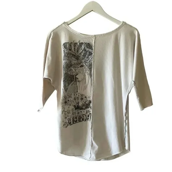 Free People White ¾ Long Sleeves Deer Graphic Bohemian Soft Cotton SZ SP # 1767 - Image 3