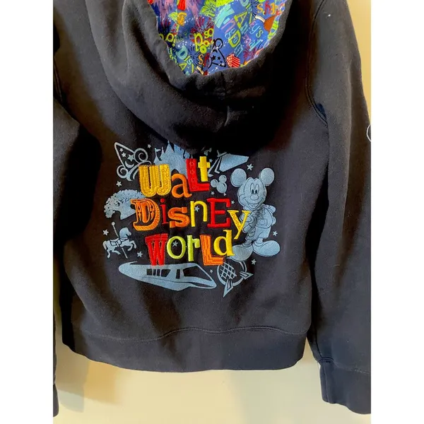 Walt Disney World Park Embroidered Graphic Hoodie Sweatshirt Navy Blue Medium - Image 3