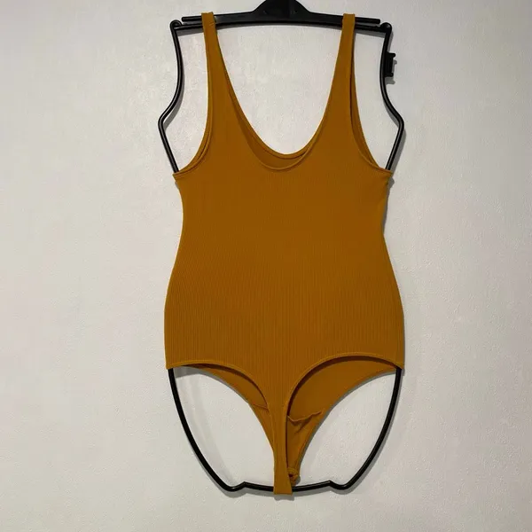 Abercrombie & Fitch Ribbed Bodysuit Women’s S Mustard Scoop Neck Y2K - Image 2