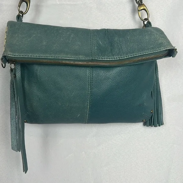 Lucky Brand Teal Leather Foldover Crossbody Hobo Bag Boho Fringe Distressed - Image 2