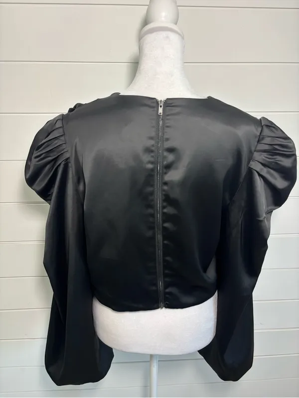Anthropologie Mare Mare Satin Puff-Sleeve Top Black Draped Puff-Sleeve Blouse - Image 6