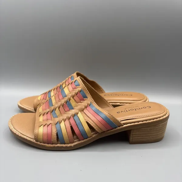 Comfortiva Woven Leather Mules Size 8.5 Huarache Slip on Shoes Heels Butter Mom - Image 6