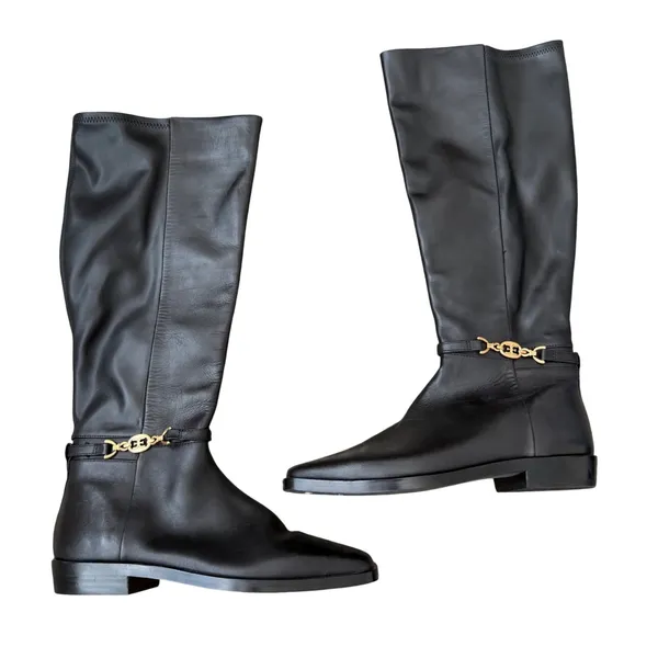 Sam Edelman Clive Black Leather Square Toe Knee High Boots Gold Hardware 7M - Image 3