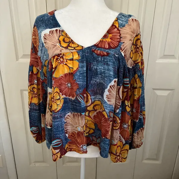 Bucketlist Blouse Womens M Floral V-Neck Balloon Sleeve Tunic Blue Cotton - Image 3
