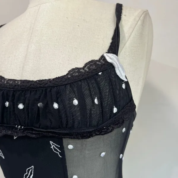 Flora Nikrooz Sheer‎ Vintage Black Slip Dress Y2K Mesh Lip Print Size XS - Image 7