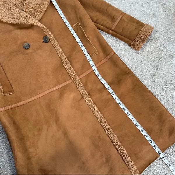 Stradivarius Women’s Faux Suede Teddy Shearling Long Coat Jacket in Brown L - Image 11