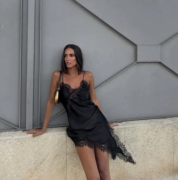 Zara asymmetric black camisole dress lace satin effect evening party date - Image 4