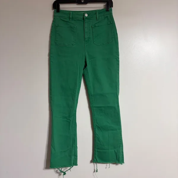 Zara Green High Rise Kick Flare Patch Pocket Pants Raw Hem Size‎ 6 - Image 2