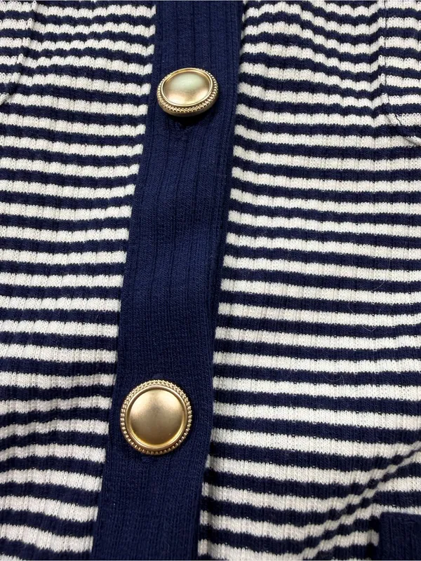 LOFT Navy and White Striped Cardigan with Gold Buttons - Image 6