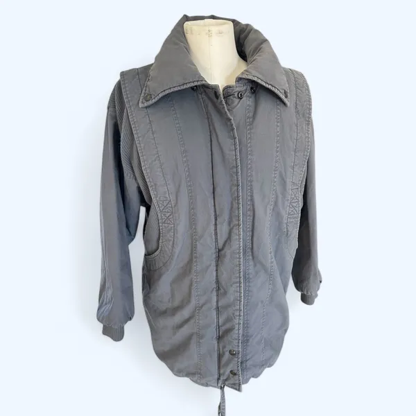 Vintage 80s Quilted Puffer Coat Mixed Media Gray Blue size S Pan Asia Grunge - Image 2