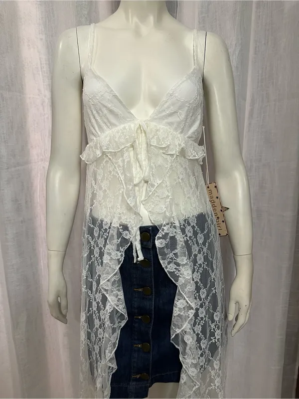 Madden Girl White Lace Ruffle Tie-Front Maxi Top Duster Small Boho Coquette - Image 2