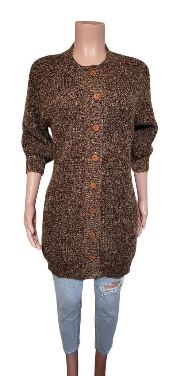 Pulp women's crew neck button-up 3/4 sleeved knit brown cardigan sweater M - Image 3
