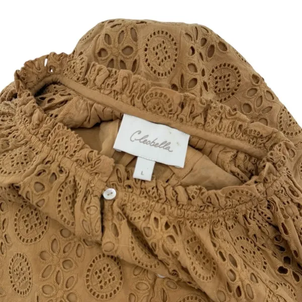 Cleobella Kate Organic Cotton Eyelet Puff Sleeve Blouse Wheat Brown Size Large - Image 7