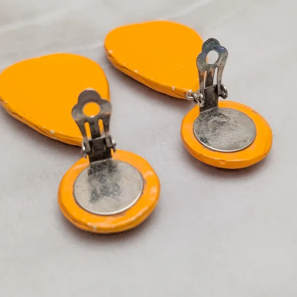 Vintage Clip On Earrings Extra Large Orange Dangle Drop Orange - Fair Condition - Image 6