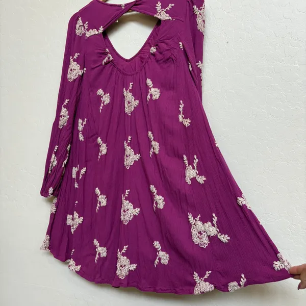 Free People Embroidered Mini Dress‎ V Neck Cutout Back Long Sleeve Pockets XS - Image 7