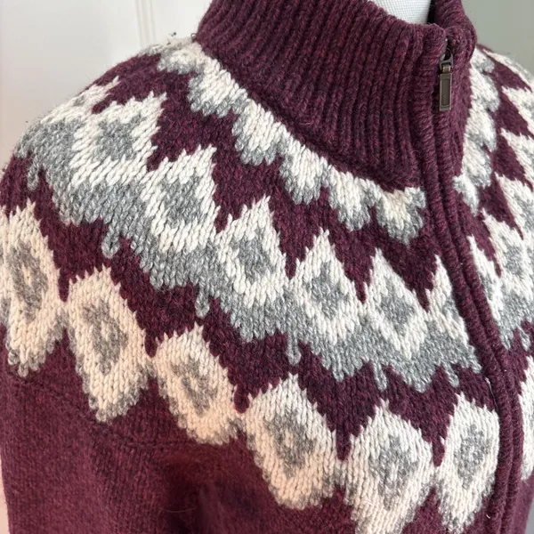 LL Bean Lambs Wool Knit Cardigan Sweater Zip Fair Isle Burgundy Small - Image 2