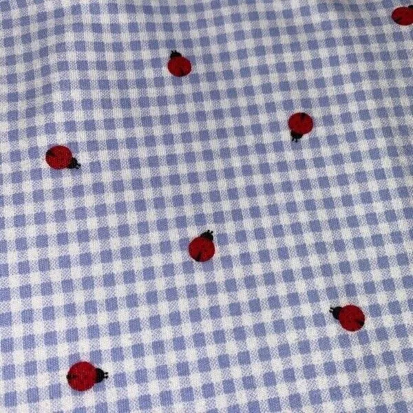 Vintage Blue & White Gingham Ladybug Picnic Pattern Scoop Neck Tshirt Size S - Image 3