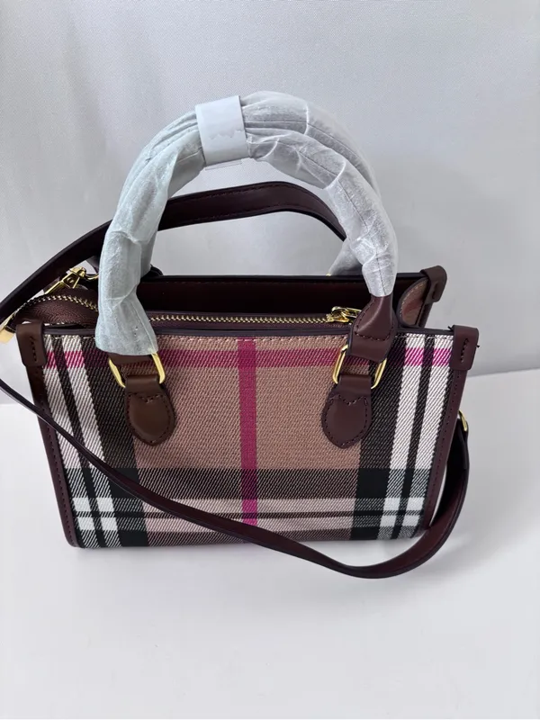 Classic Check Canvas Mini Tote Bag - Pink Stripe Brown Leather Crossbody - Image 5