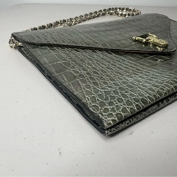 Vintage Green Croc Embossed Chain Strap Envelope Shoulder Bag - Image 5