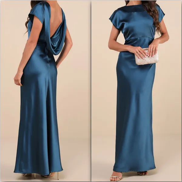 NEW Lulus Captivating Presence Dark Teal Satin Open Cowl Back Maxi Dress Large - Image 2