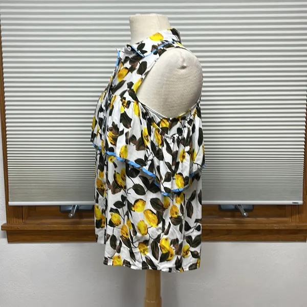 Entro NWT Off White Lemon Print Button Down Open Shoulder Ruffle Top - Image 7