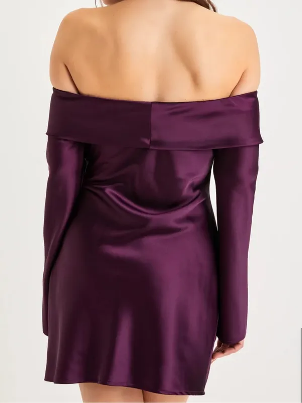 Lulus Luxurious Vision Plum Purple Satin Off-the-Shoulder Mini Dress - Image 2