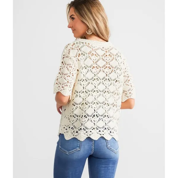 Willow & Root Diamond Pointelle Cardigan Sweater Cream Sz M Cottagecore Boho Top - Image 2