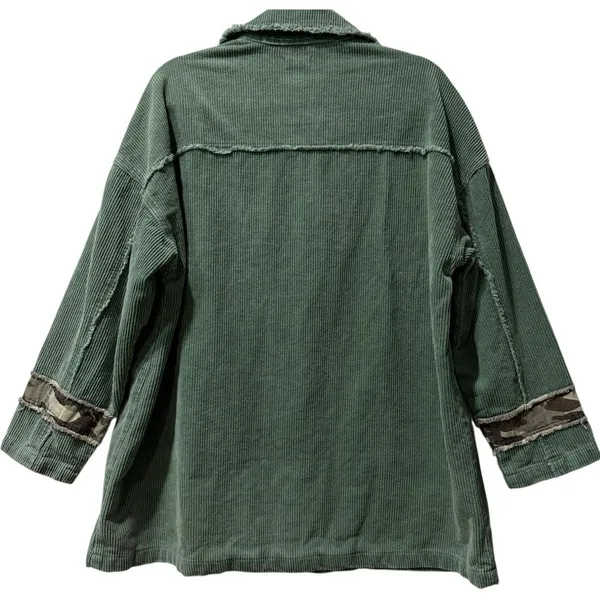 POL Oversized Green Camo Patchwork Corduroy Button Down Shacket / Jacket Small - Image 2