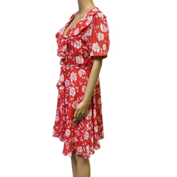 Lulus Ximena Coral Red White Floral Print Ruffled Mini Dress Womens Medium - Image 6